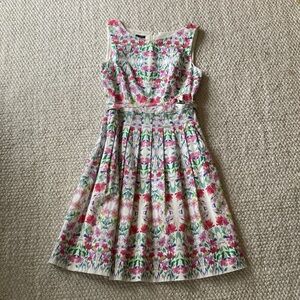 Cotton Talbots Floral Fit-and-Flare Dress in White, Pink and Green